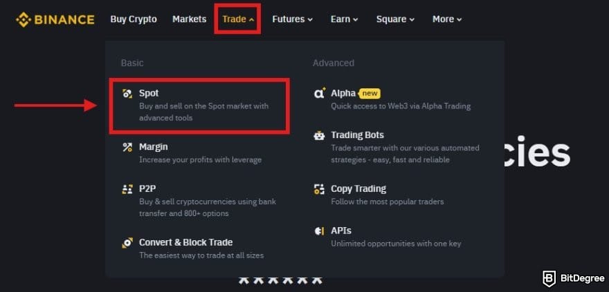 How to buy Cardano: Binance homepage with the Trade and Spot menus highlighted.