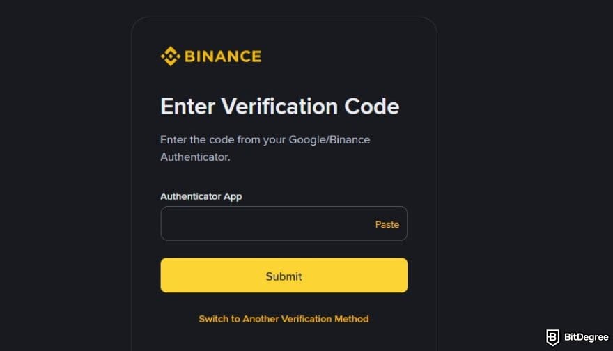 How to buy Cardano: the prompt to enter verification code when logging in to Binance.