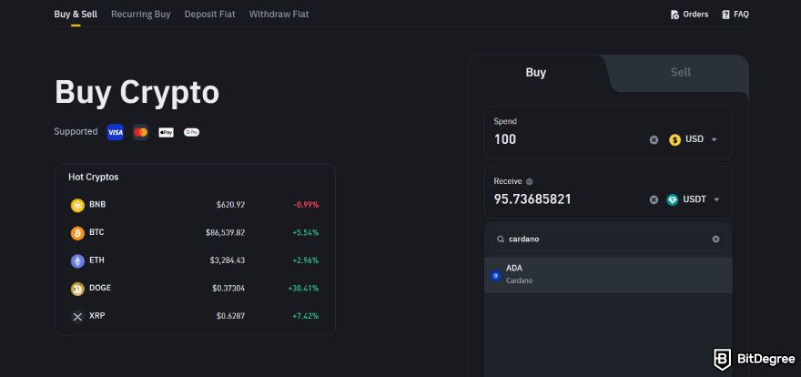 How to buy Cardano: choosing ADA from the dropdown.