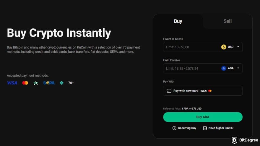 How to buy Cardano: the instant buy page on KuCoin's website.