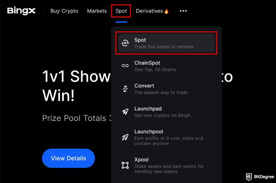 How to buy CARDS token: BingX homepage highlighting the spot trade button.
