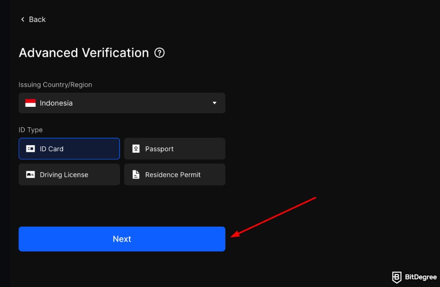 How to buy CARDS token: BingX KYC process of choosing country and ID type highlighting the [Next] button.