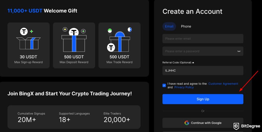 How to buy CARDS token: BingX sign-up page highlighting the [Sign Up] button.