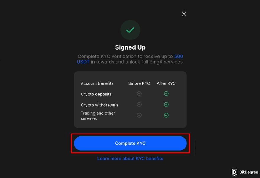 How to buy CARDS token: BingX sign-up process highlighting the [Complete KYC] button.