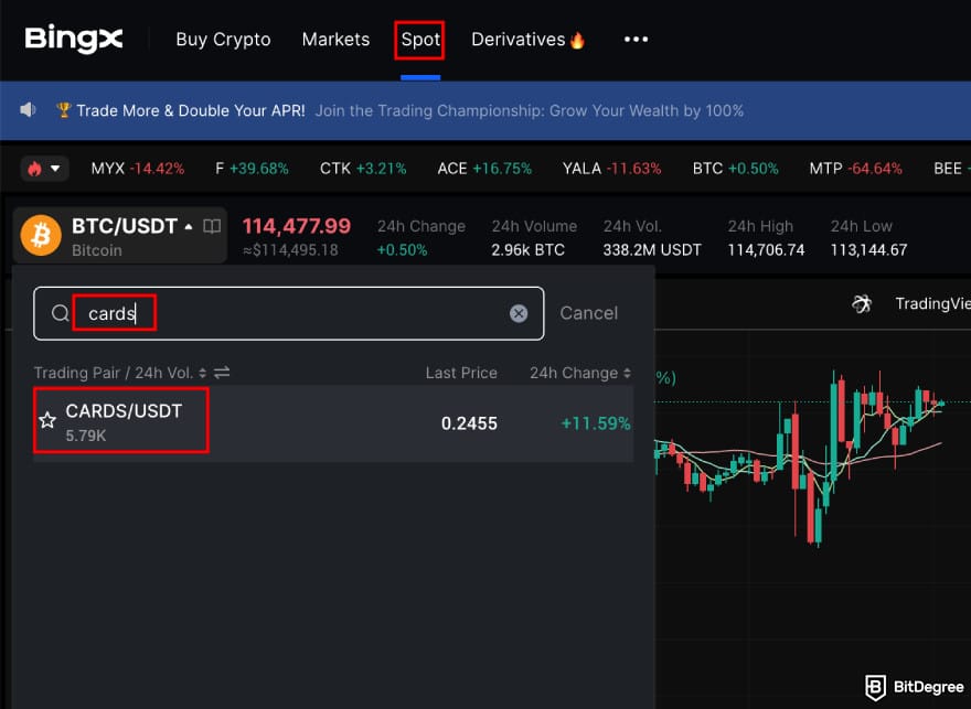 How to buy CARDS token: BingX spot trade page highlighting the CARDS/USDT option.