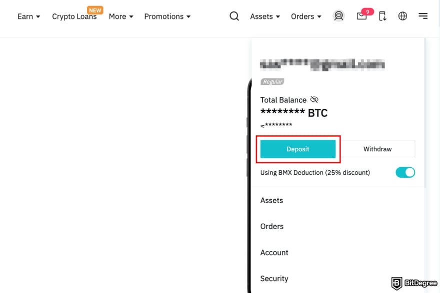 How to buy CARDS token: BitMart homepage highlighting the [Deposit] button.