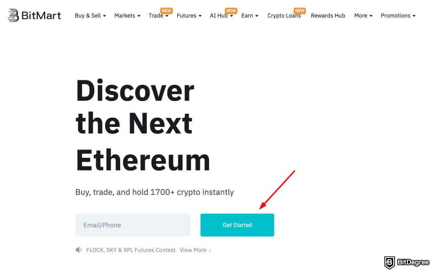 How to buy CARDS token: BitMart homepage highlighting the [Get Started] button.
