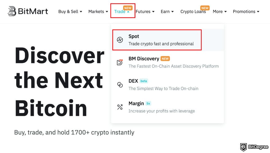 How to buy CARDS token: BitMart homepage highlighting the spot trade option.