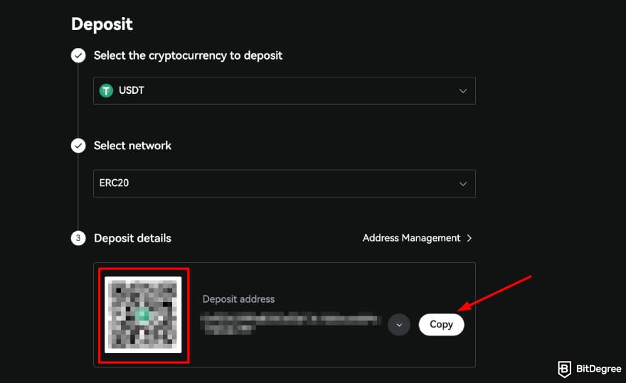 How to buy CARDS token: LBank deposit USDT page highlighting the QR code and [Copy] button.