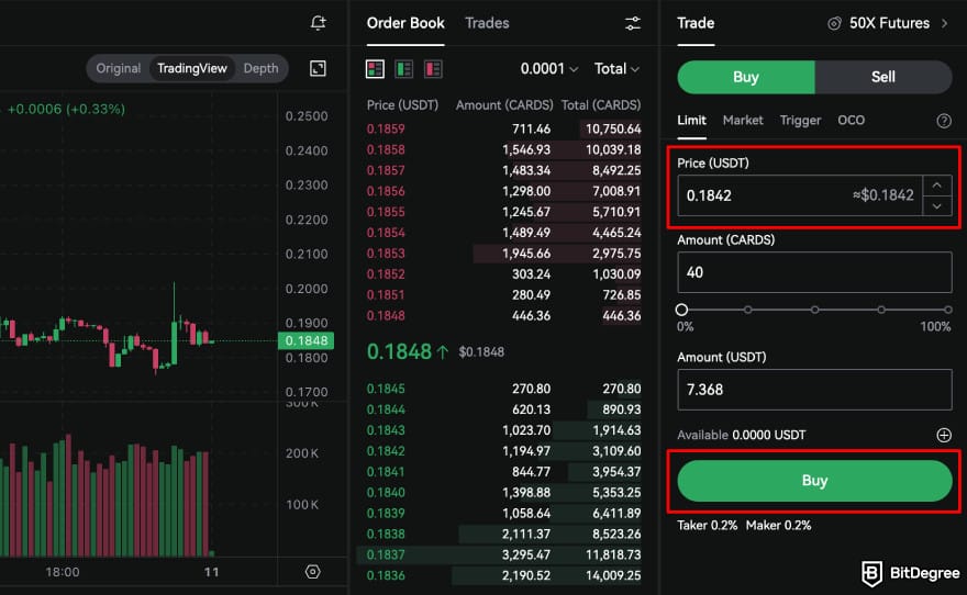 How to buy CARDS token: LBank CARDS spot trade page highlighting the [Buy] button.