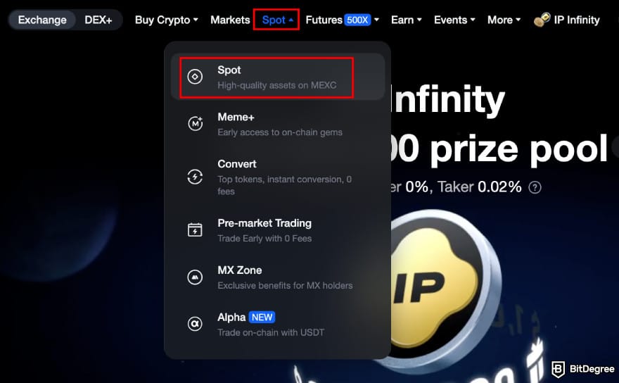How to buy CARDS token: MEXC homepage highlighting the spot trade option.