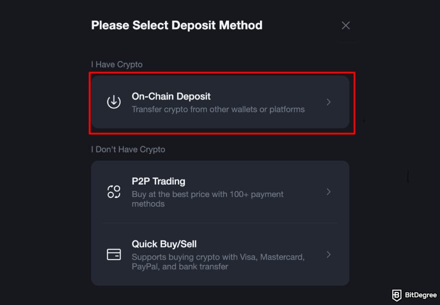 How to buy CARDS token: MEXC deposit options highlighting the on-chain deposit method.