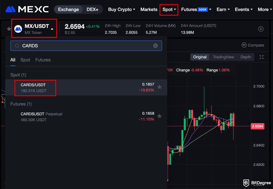 How to buy CARDS token: MEXC spot trade page highlighting the CARDS trade option.