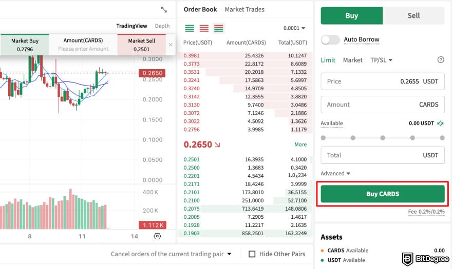 How to buy CARDS token: Poloniex CARDS spot trade page highlighting the [Buy CARDS] button.
