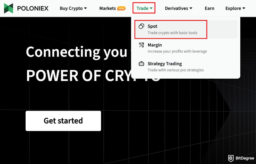 How to buy CARDS token: Poloniex homepage highlighting the spot trade option.