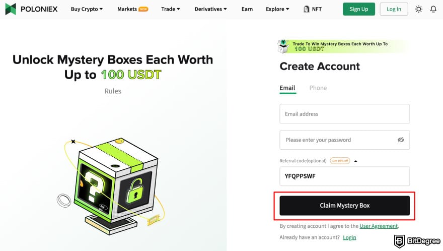 How to buy CARDS token: Poloniex sign-up page highlighting the [Claim Mystery Box] button.