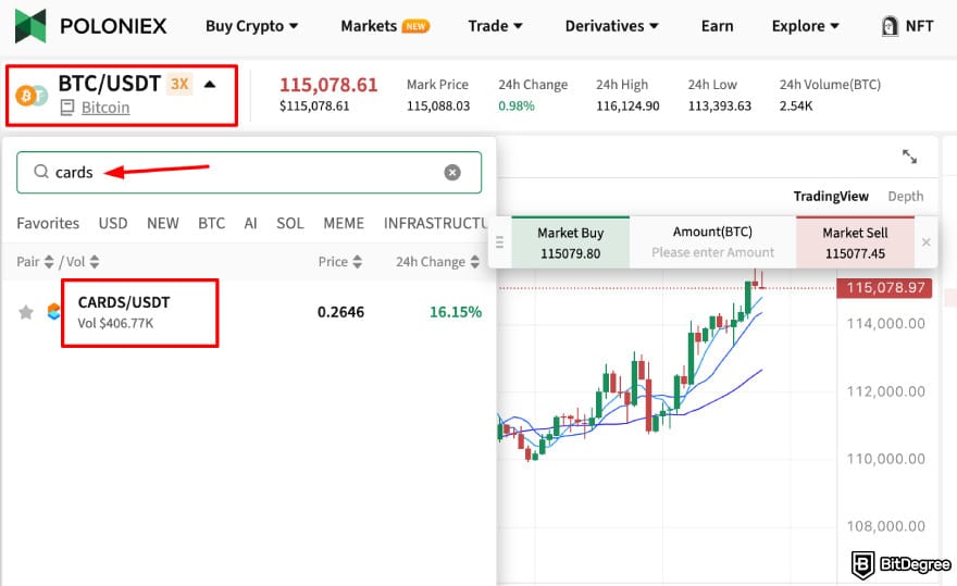 How to buy CARDS token: Poloniex spot trade page highlighting the CARDS/USDT option.