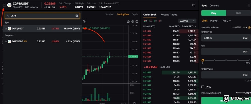 How to buy ChainGPT: Bybit, one red arrow pointing to the hamburger icon, the other to CGPT/USDT spot trading pair.