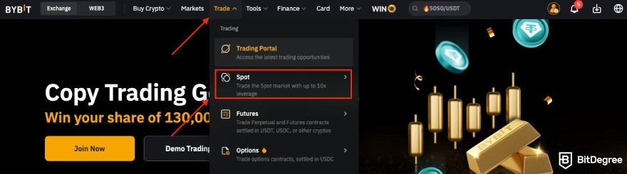 How to buy ChainGPT: Bybit, one red arrow pointing to Trade button, the other to Spot.