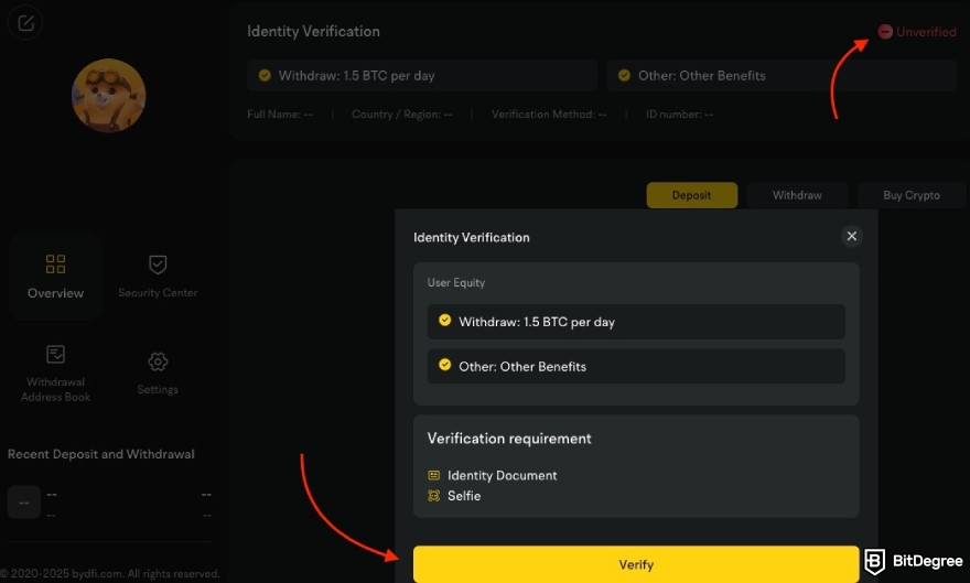 How to buy ChainGPT: BYDFi, one red arrow pointing to unverified, the second to verify.