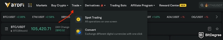 How to buy ChainGPT: red arrow pointing to Trade option.