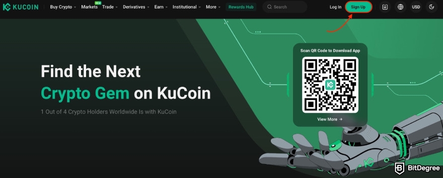 How to buy ChainGPT: KuCoin, red arrow pointing to Sign Up button.