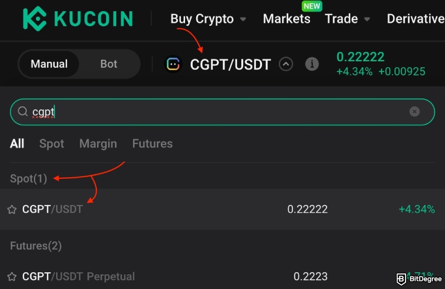 How to buy ChainGPT: KuCoin, one red arrow pointing to pair selection, the other to CGPT/USDT pair.