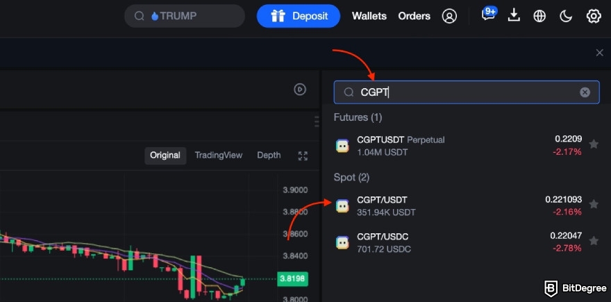 How to buy ChainGPT: MEXC red arrow pointing to the search bar and CGPT/USDT pair.