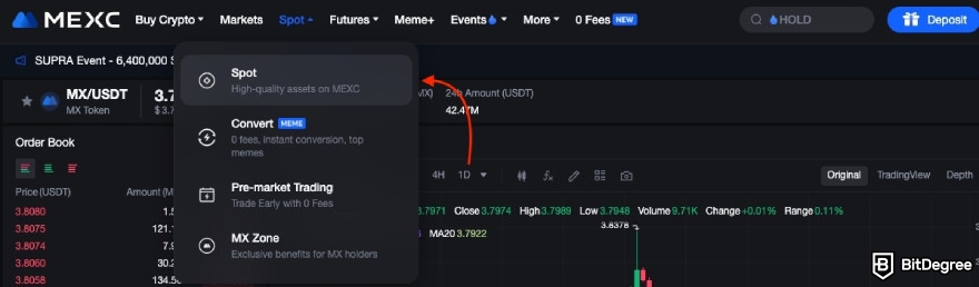 How to buy ChainGPT: MEXC red arrow pointing to Spot.