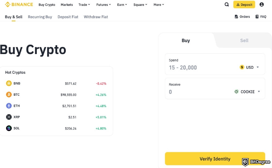 How to buy Cookie DAO: Binance quick purchase feature.