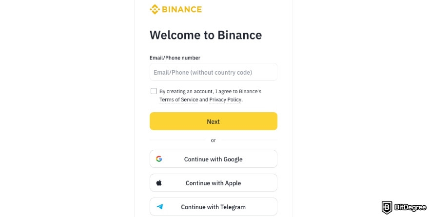 How to buy Cookie DAO: Binance sign up page.