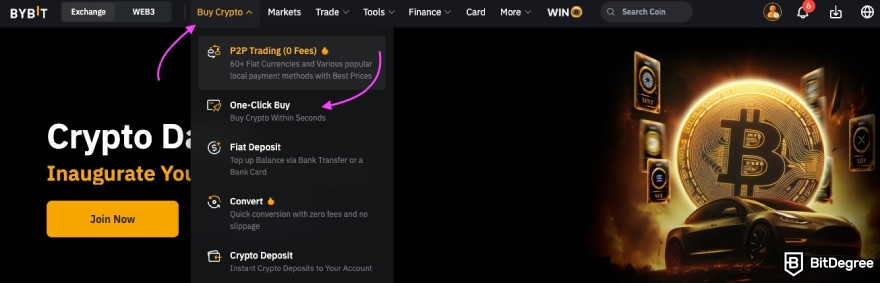 How to buy Cookie DAO: two purple arrows pointing to Buy Crypto and One-Click Buy buttons.