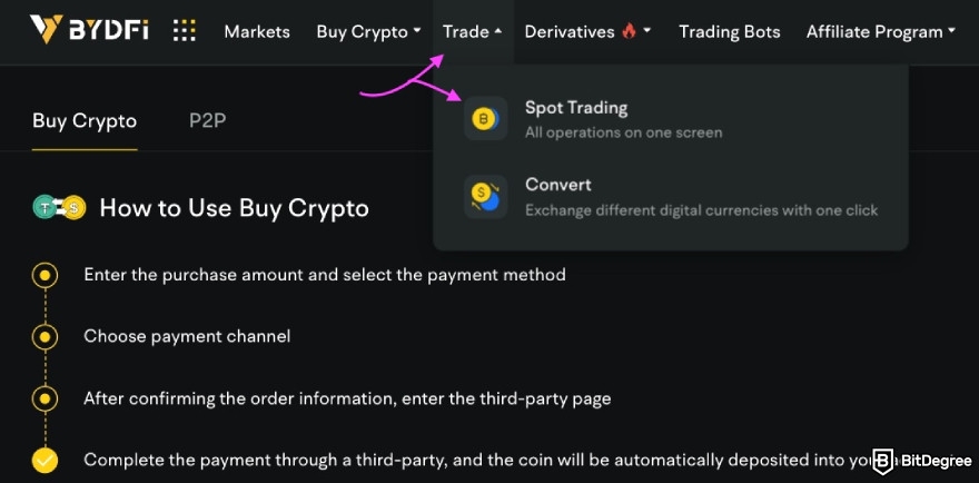 How to buy Cookie DAO: two purple arrows pointing to Trade and Spot Trading buttons.