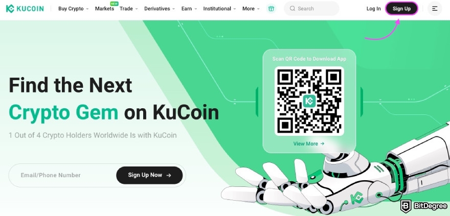 How to buy Cookie DAO: purple arrow pointing to Sign Up button on KuCoin's page.