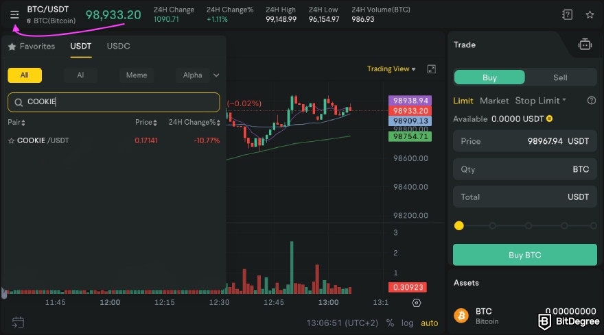 How to buy Cookie DAO: purple arrow pointing to the hamburger icon on MEXC's spot trading tool.