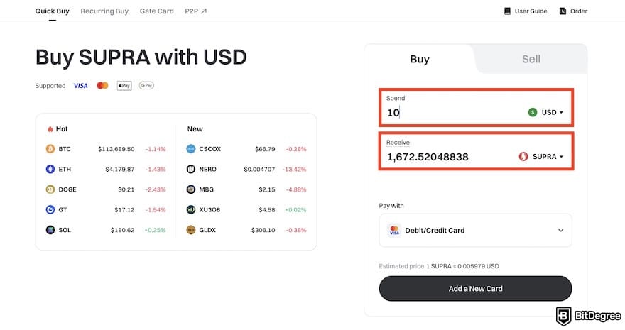 How to buy Supra crypto: Gate's buying form with [Spend] and [Receive] fields highlighted.