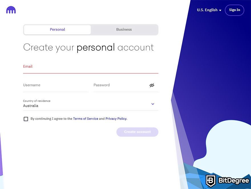 How to buy crypto in Australia: create a personal account on Kraken.