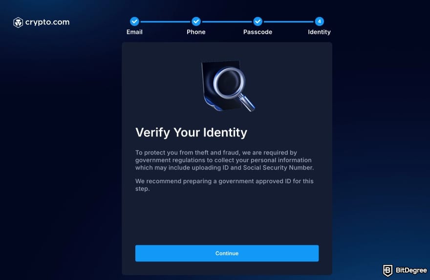 How to buy crypto in Singapore: the identity verification window on Crypto.com.