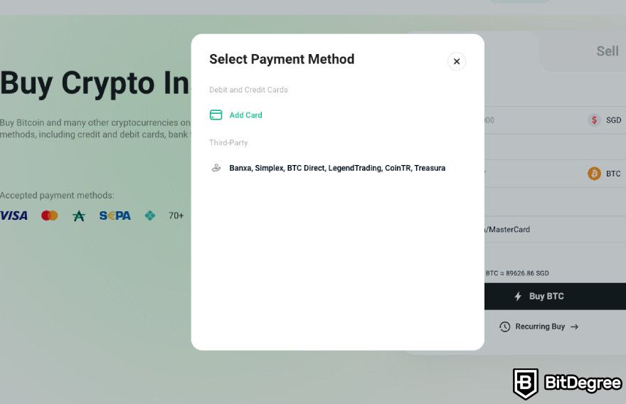 How to buy crypto in Singapore: selecting the payment method on KuCoin.