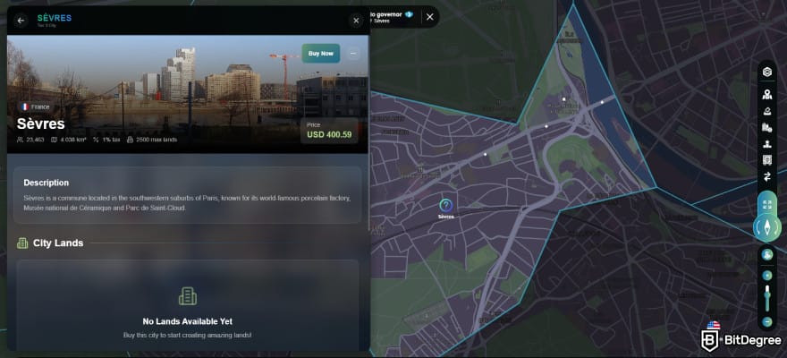 How to buy EarthMeta: the platform interface showing the Sèvres city listing and land management map.