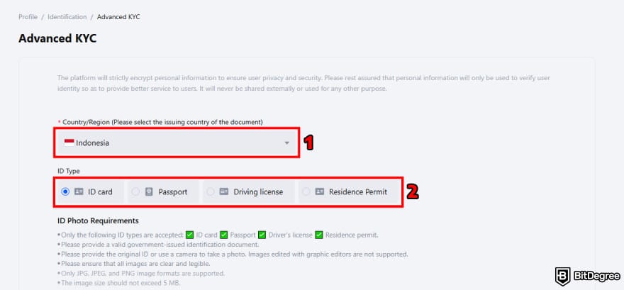 How to buy EarthMeta: select your country of residence and choose the type of ID card.