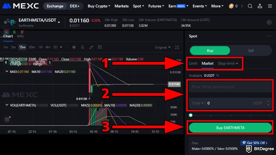 How to buy EarthMeta: buy EMT coin via MEXC spot market.