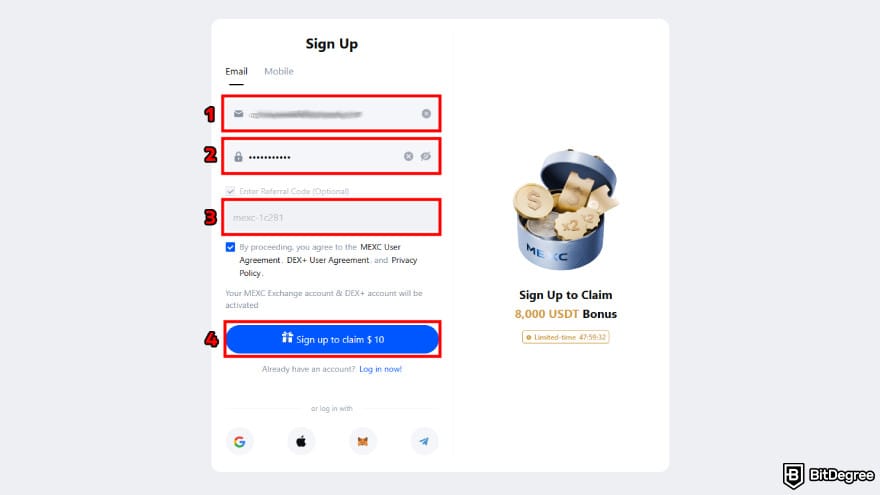 How to buy EarthMeta: provide email and password.