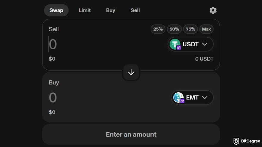 How to buy EarthMeta: enter the amount of EMT to buy.