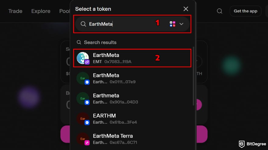 How to buy EarthMeta: find the EMT token using the search box.