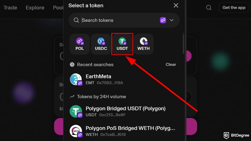 How to buy EarthMeta: select USDT on Polygon Network.