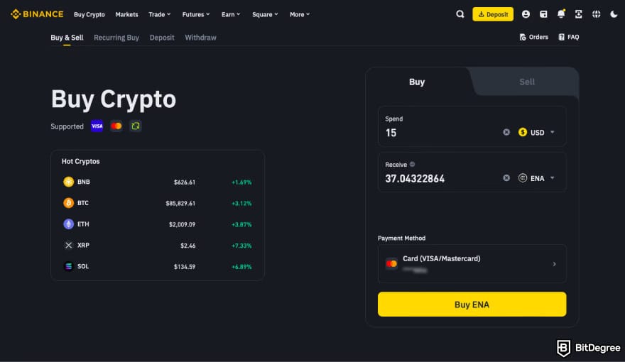 How to Buy ENA: enter the amount of ENA on Binance.