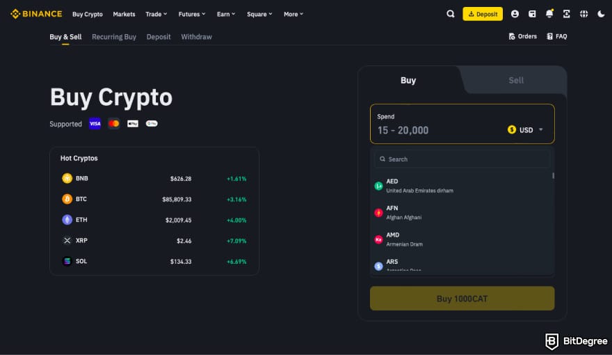 How to Buy ENA: select fiat currency on Binance.