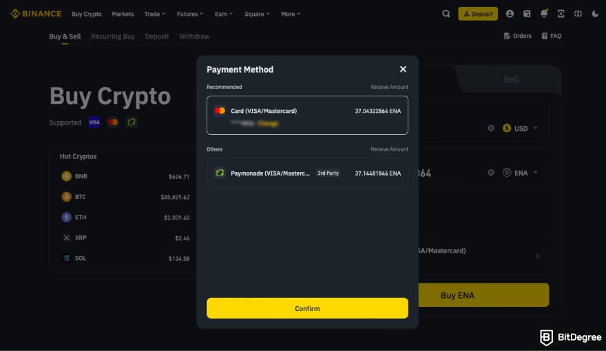 How to Buy ENA: choose your payment method on Binance.