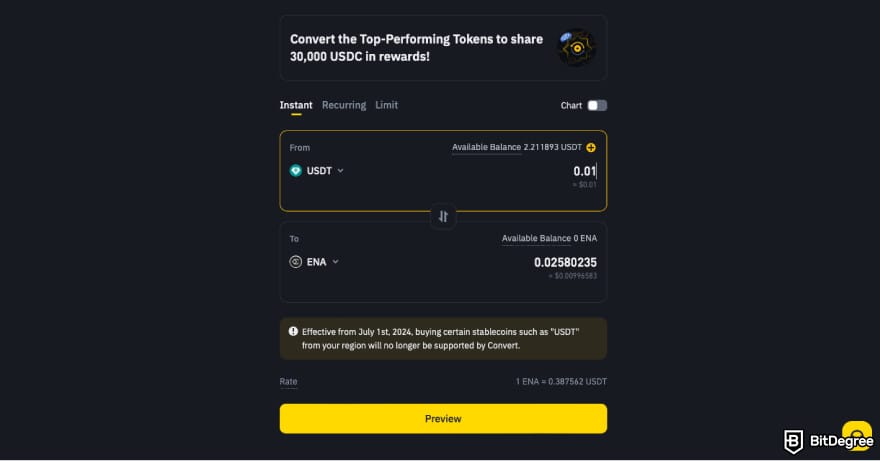 How to Buy ENA: enter the amount on Binance conversion window.